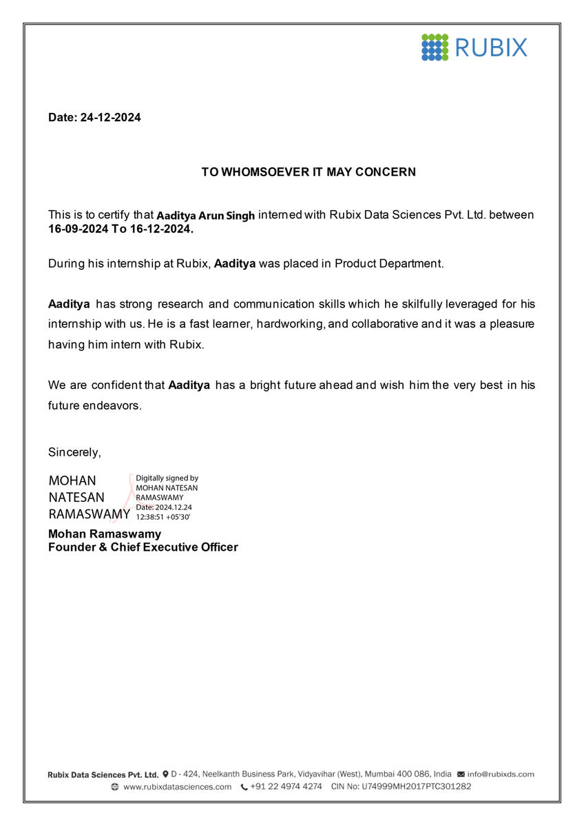 Rubix Data Sciences Certificate