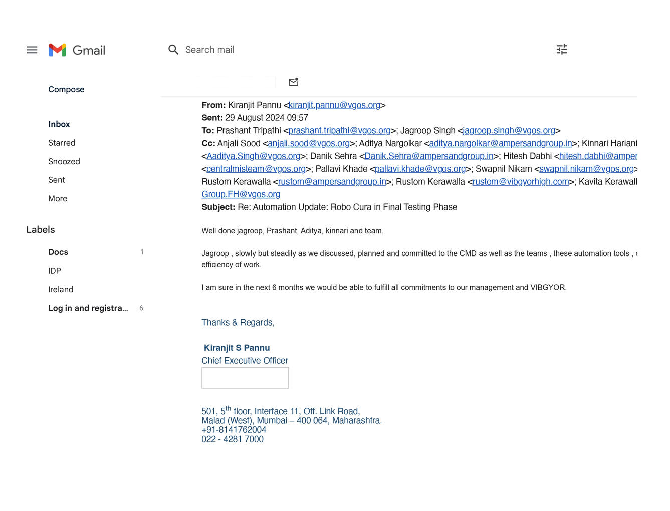 Appreciation from CEO